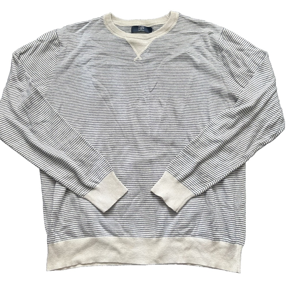 J.Crew Sweater Mens XL Ivory Navy Blue Striped Cotton Knit Pullover Preppy E3653